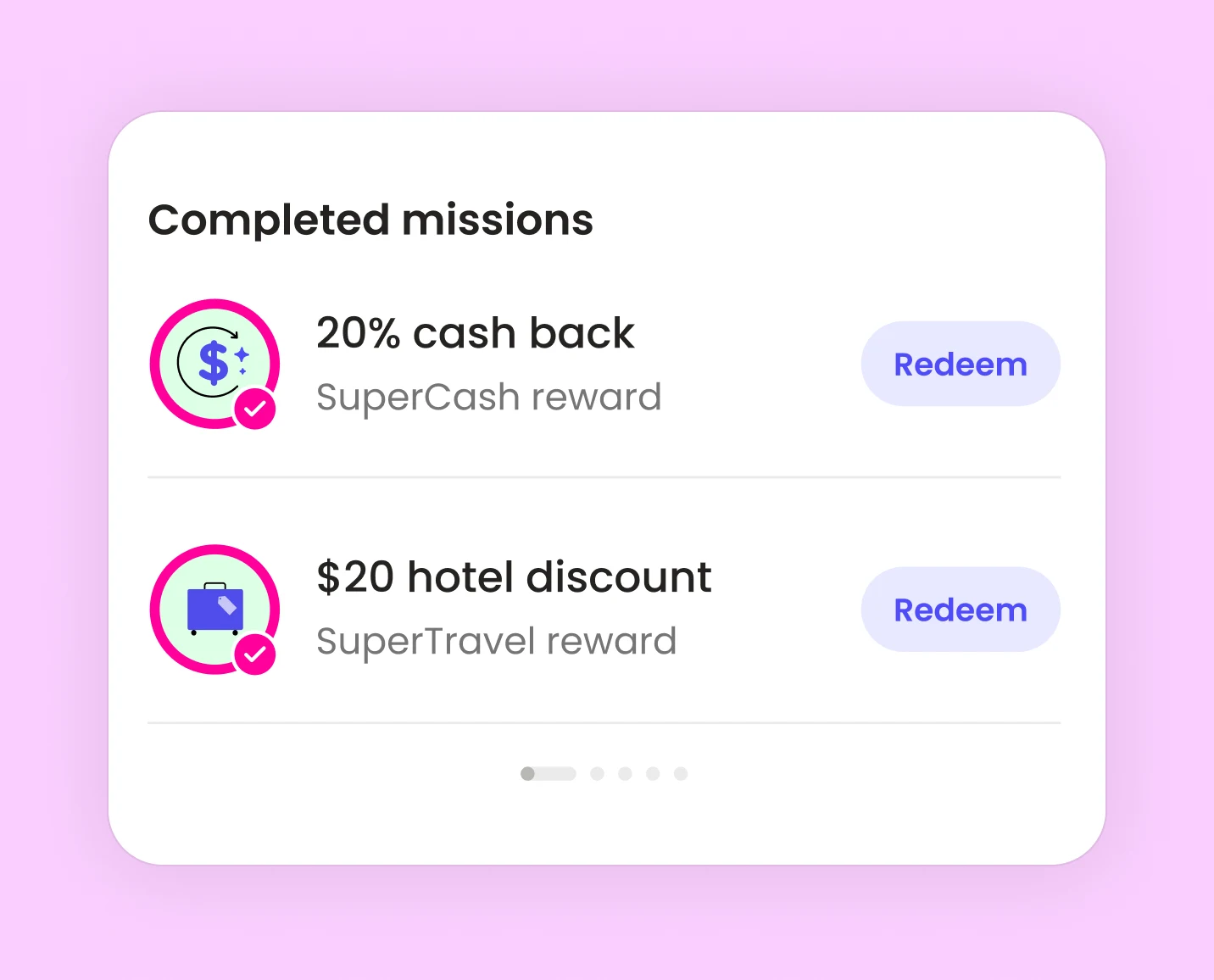 SuperCash app screen displaying the Completed Missions section. Two missions are shown: ‘20% cash back’ and ‘$20 hotel discount,’ each with a pink checkmark icon and a purple ‘Redeem’ button on a light pink background.