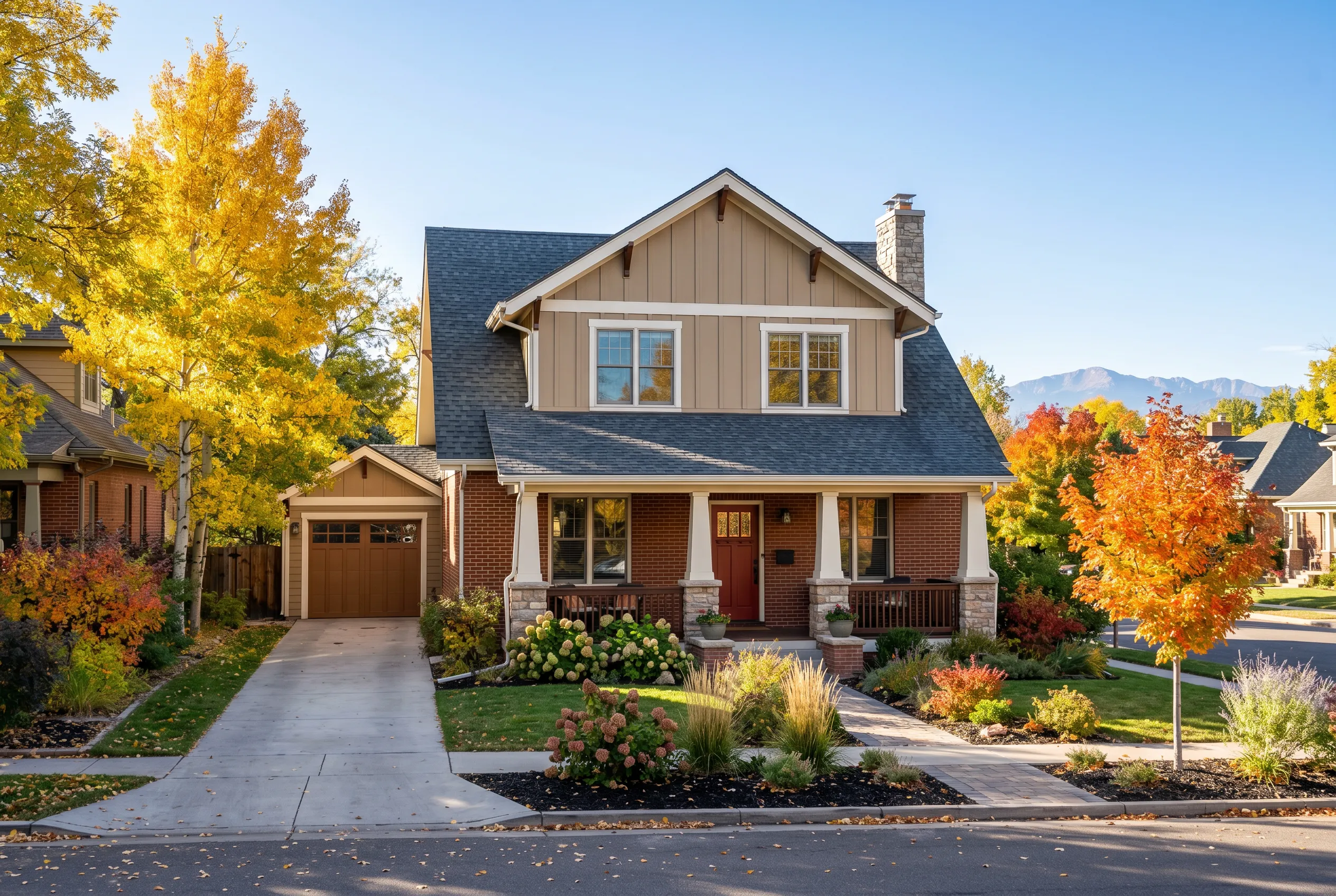 Two-story suburban family home with autumn trees, front porch, and driveway in a quiet neighborhood.