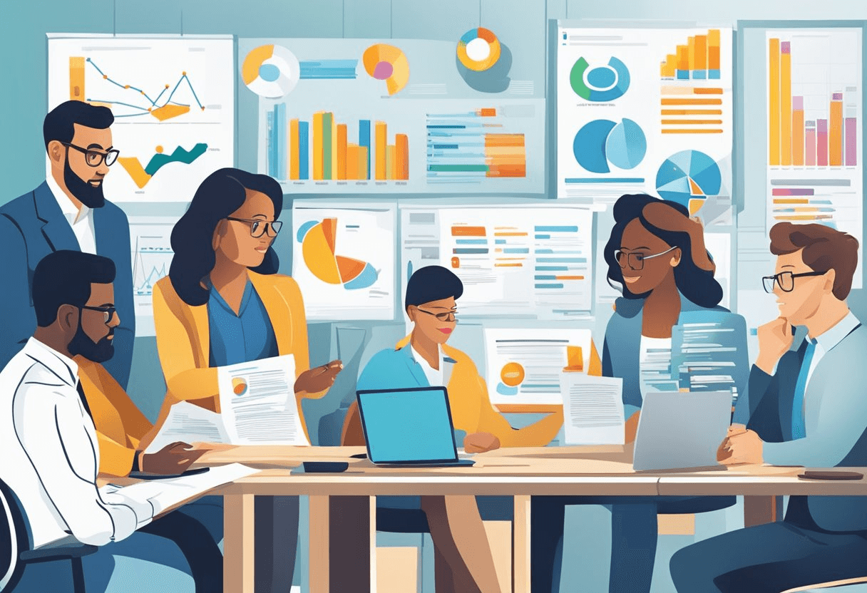 Recruiters analyzing diverse management styles through charts, graphs, and case studies