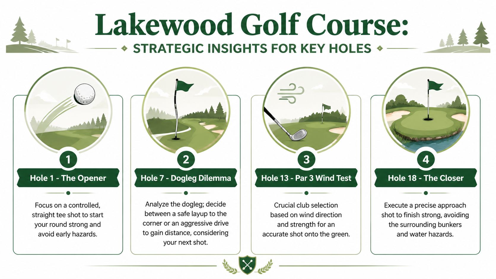 An infographic detailing strategic golf tips for four specific holes at the Lakewood Golf Course.