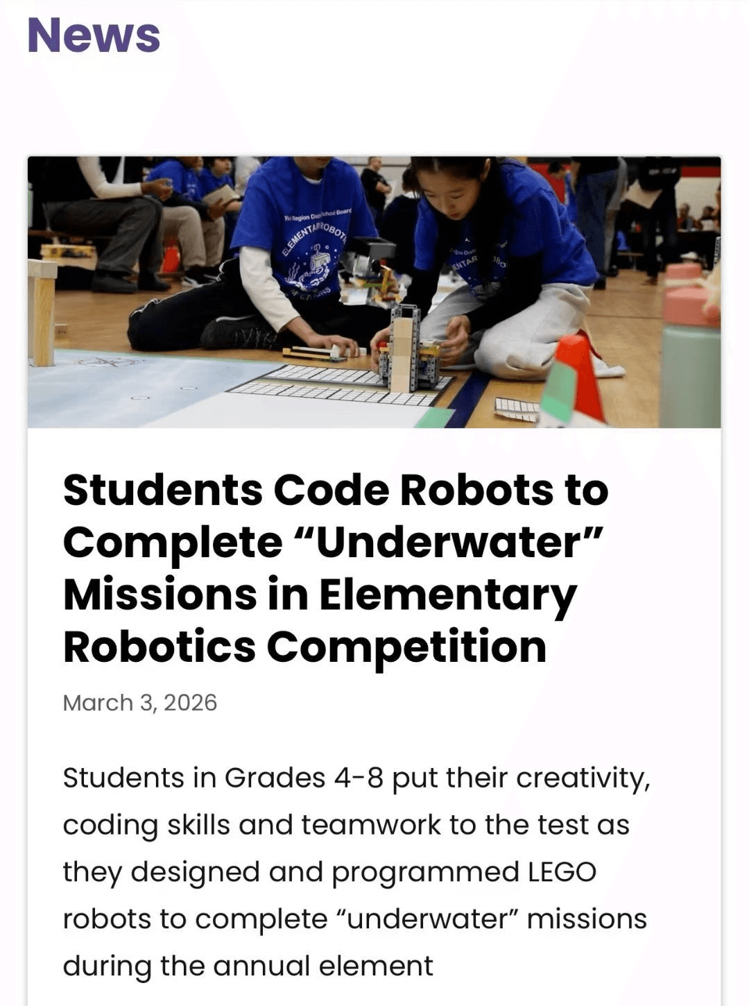 York Region District School Board (YRDSB) News Featuring Renee Zhang launching robot at the York Region Skills Challenge Robotics Competition