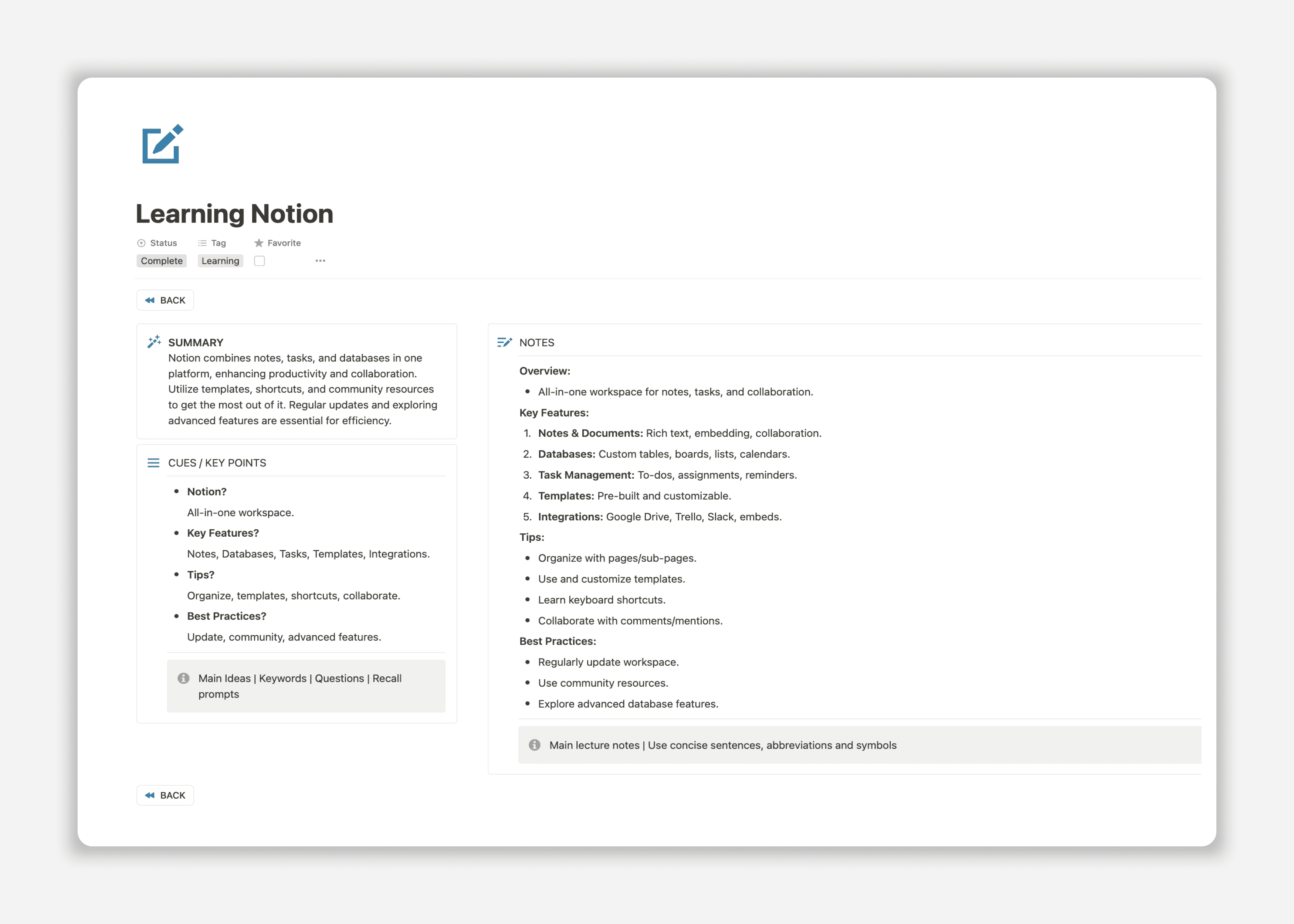 Notion Cornell Notes Template - Smart Note Entry