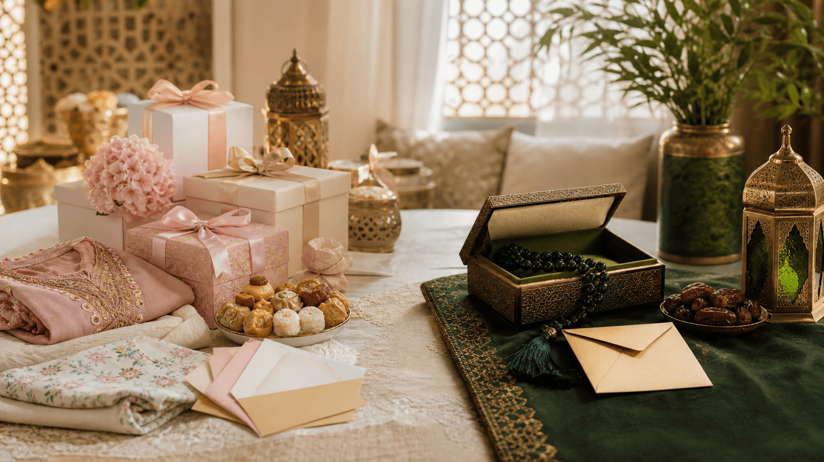 Choosing Eid gifts by mood — pastel wrapped presents and sweets beside a keepsake box of prayer beads and a blank Eidi envelope