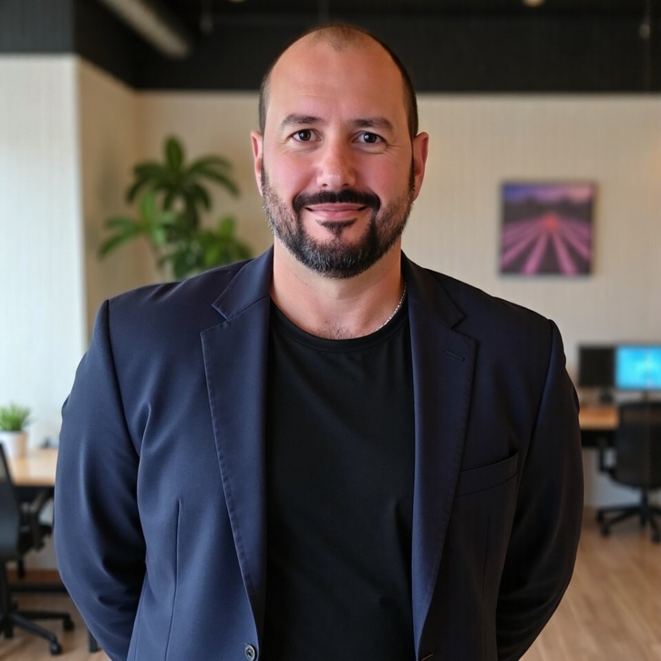 Profile portrait of a man in a white shirt against a light background