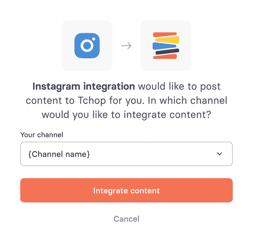 Illustration, die die Integration von Instagram mit tchop™ zeigt, die es den Nutzern ermöglicht, einen tchop-Kanal für die automatisierte Veröffentlichung von Inhalten auszuwählen, um die Kuratierung von Inhalten in sozialen Medien und das Community-Management zu optimieren.