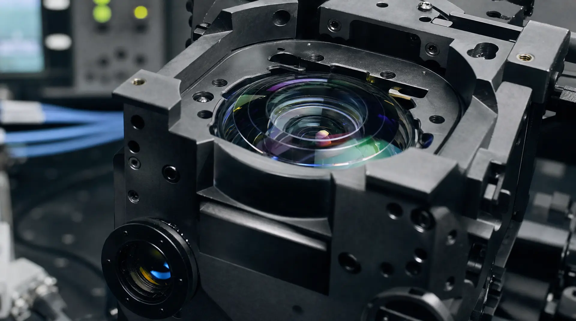 Close-up of a precision optical lens assembly inside a metal fixture, captured for manufacturing video marketing.