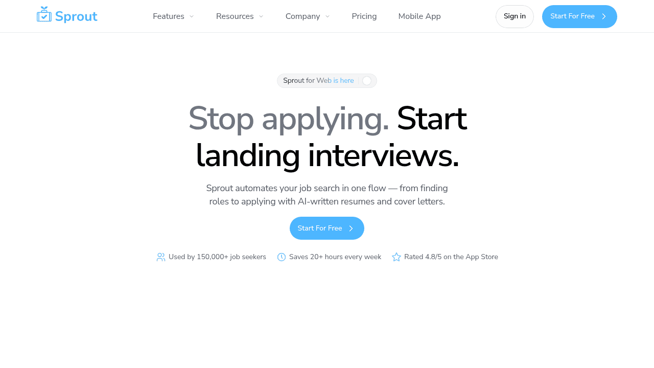 Sprout job search platform homepage showcasing AI-tailored applications and swipe-to-apply interface for job seekers
