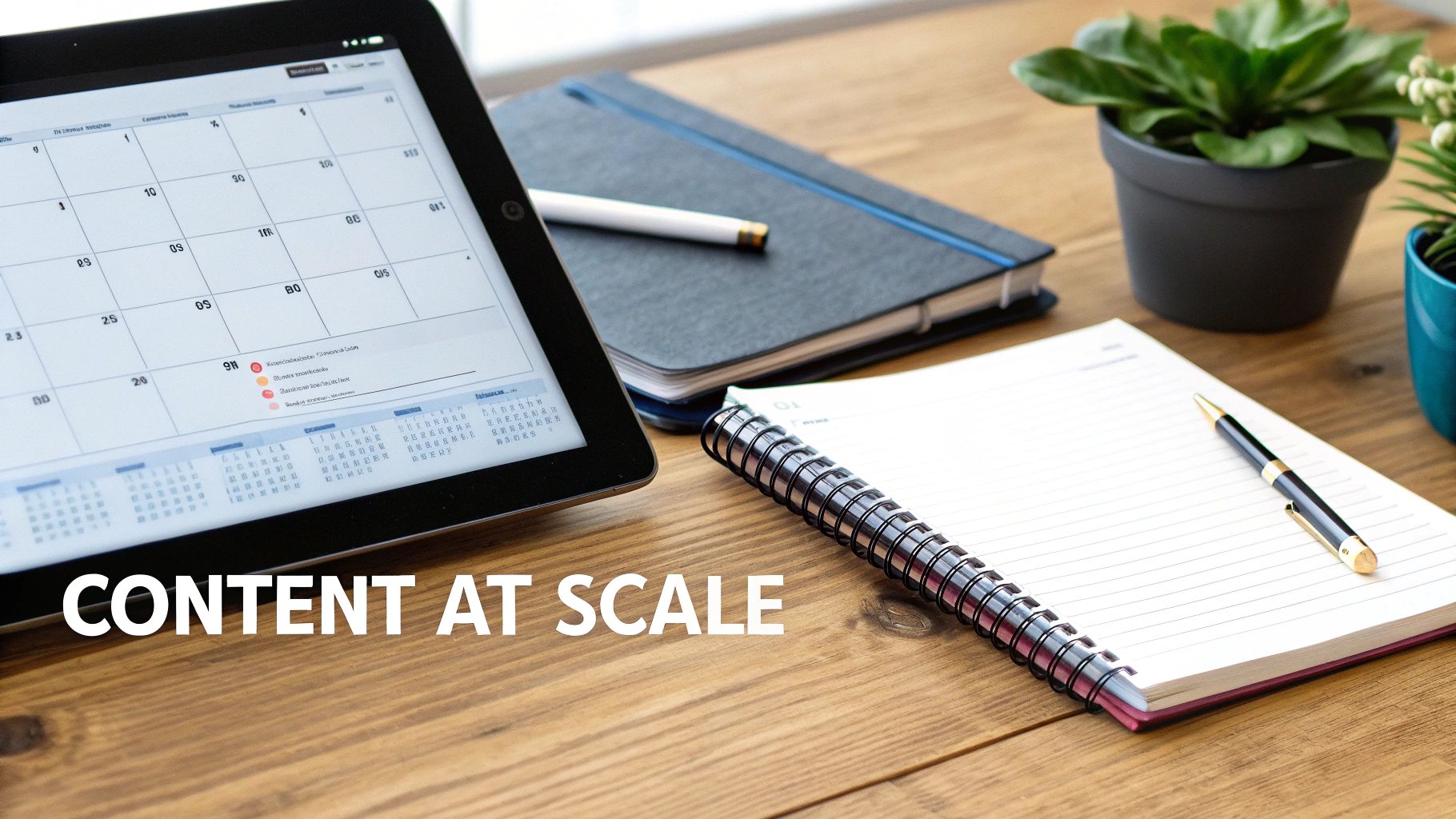 Overhead view of a modern wooden desk with a tablet calendar, notebook, pen, and plants.
