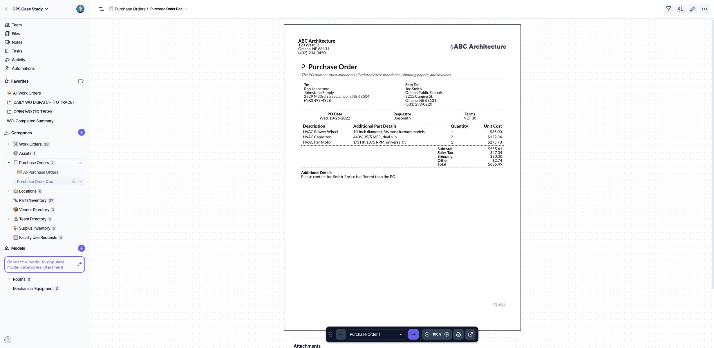 Purchase order document that is created by Layer leveraging and reporting from live data within the project.