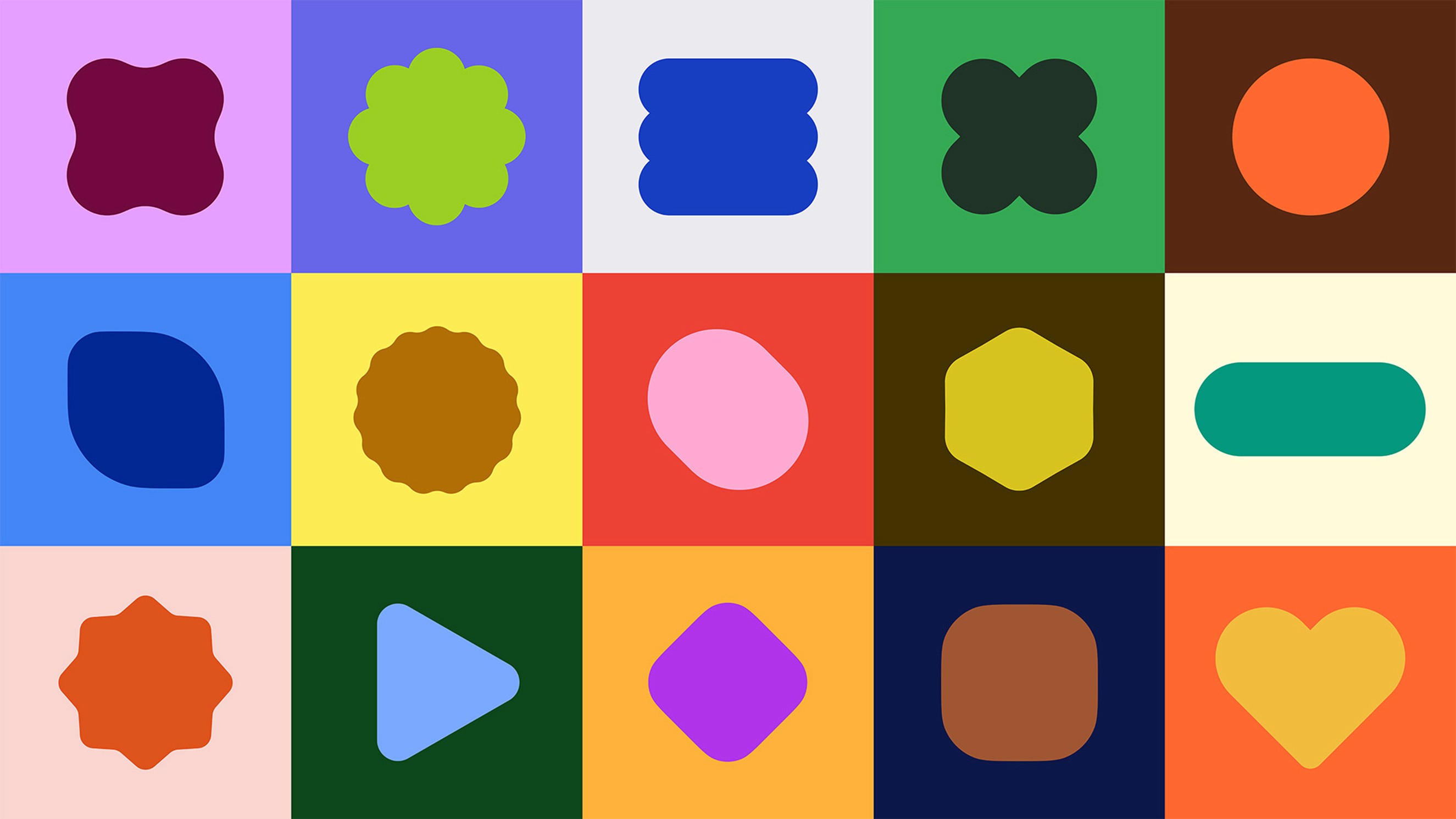 A colorful grid of 15 unique geometric containers in a vibrant, multi-colored palette. This visual highlights a modular design system developed for the Google Play rebrand, illustrating how the studio uses systemic branding to create flexible assets for diverse content types.