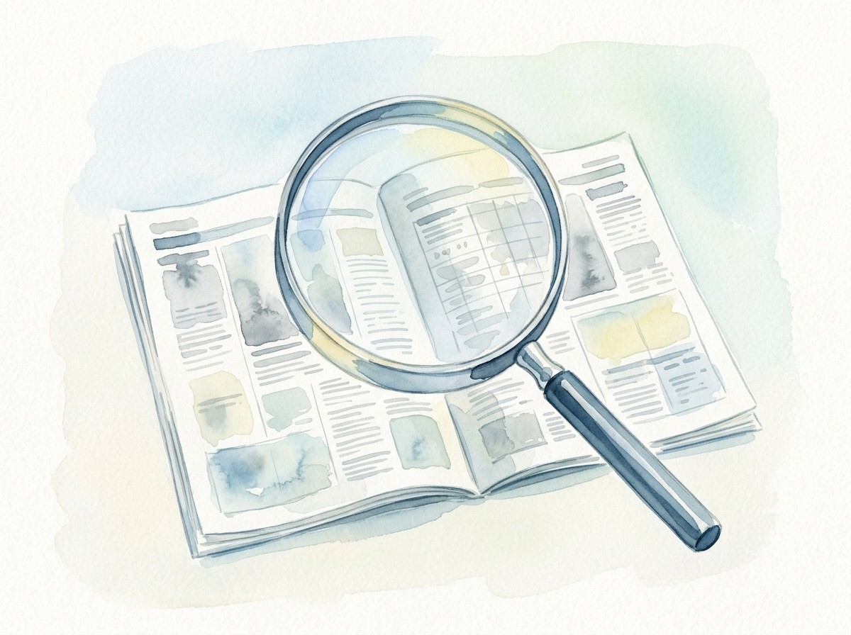 Watercolour of an open newspaper with a magnifying glass held over the notices columns.