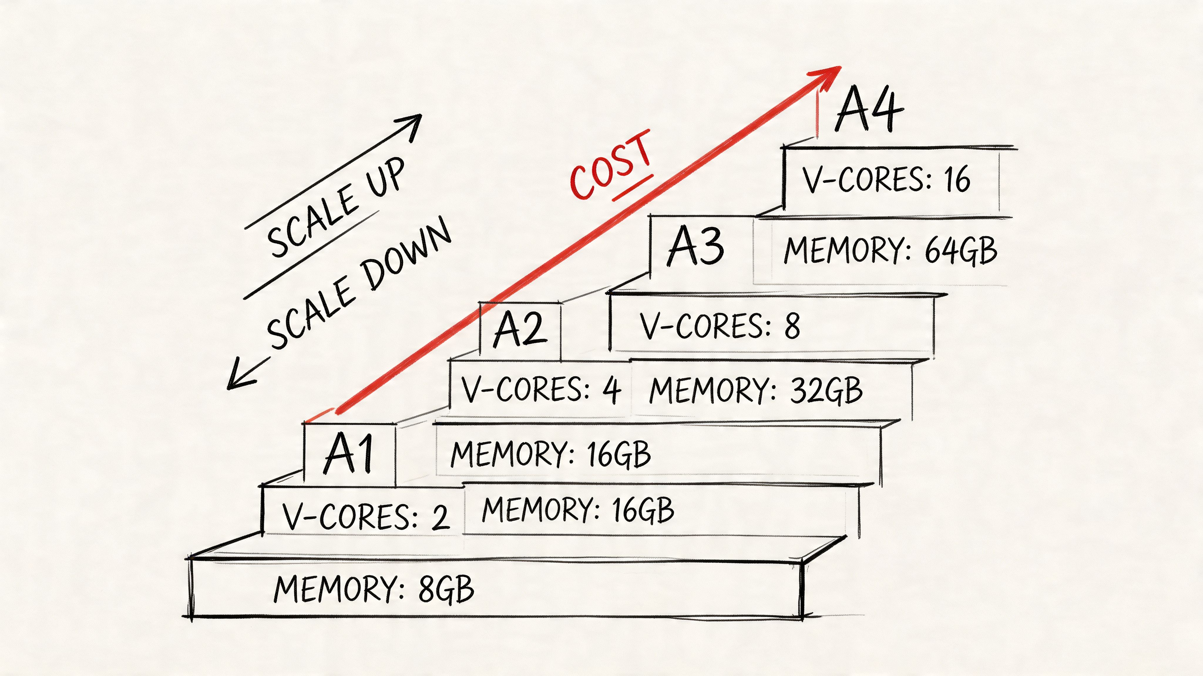 A diagram illustrating vertical scaling steps A1 through A4 with increasing v-cores and memory capacity.