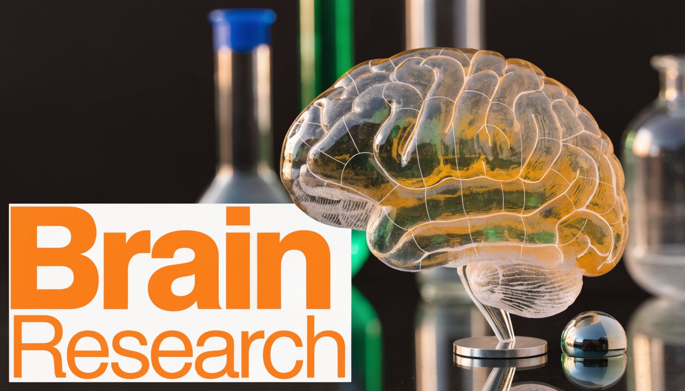 A clear anatomical model of a human brain displayed in a scientific laboratory setting.