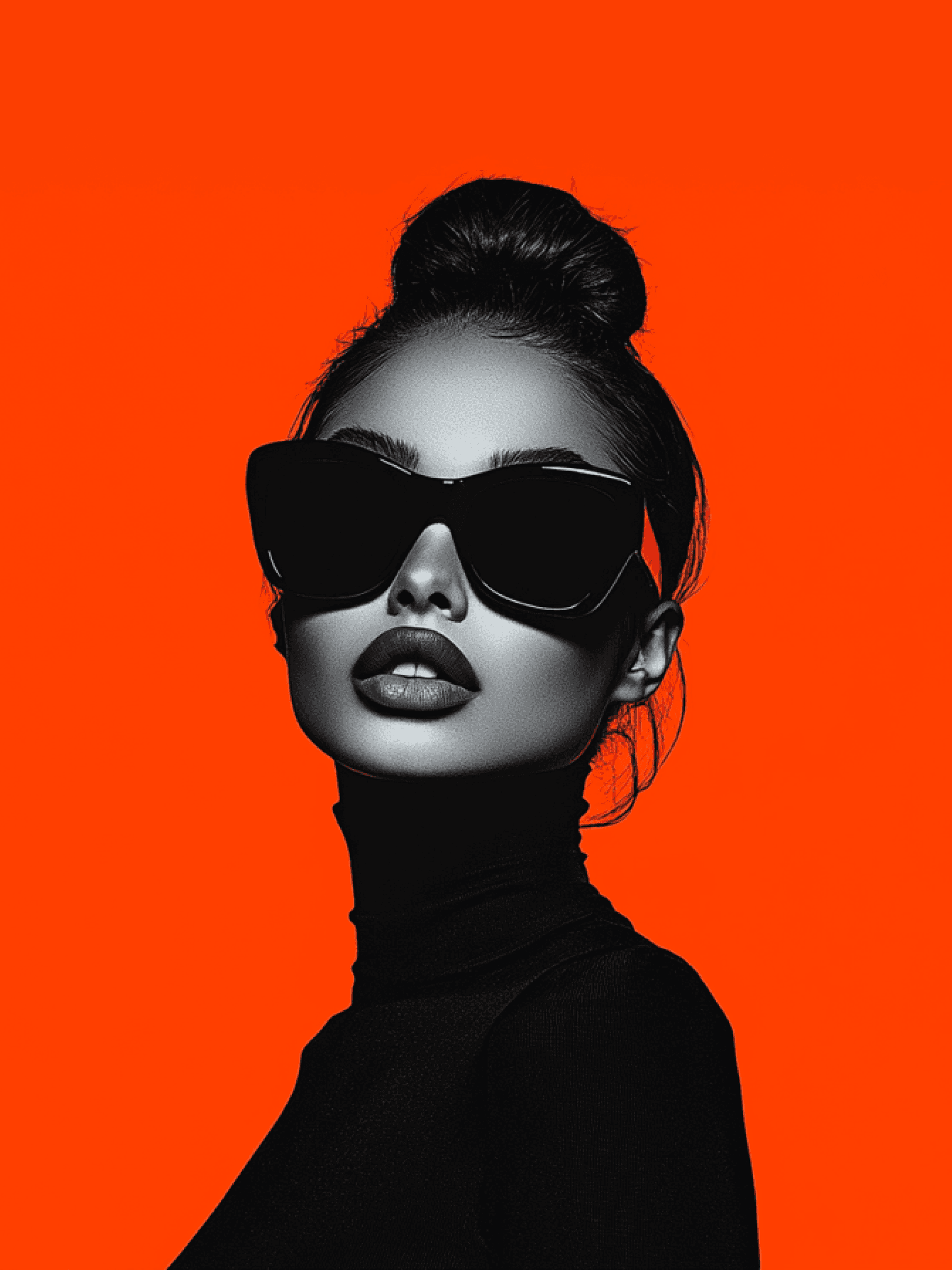 Black and white portrait of a woman in sunglasses against an orange background.