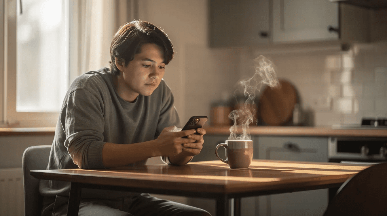 A person sits at a kitchen table, sipping coffee while looking thoughtfully at their phone, contemplating their finances and the potential for impulse purchases. This moment reflects the importance of the 24 hour rule in managing unplanned expenses and making wise decisions regarding money.