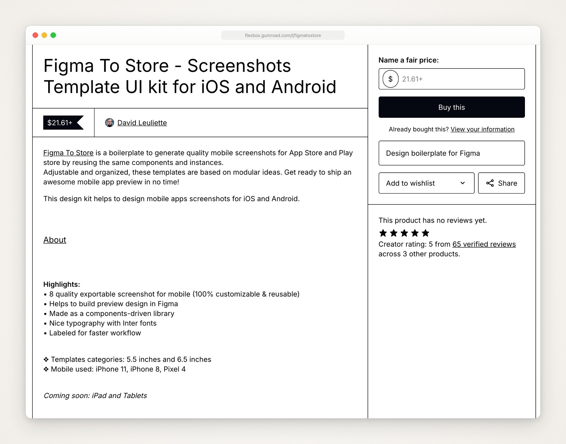 Gumroad page for Figma To Store, a Figma screenshot template for iOS and Android priced from $21.61, listing template categories 5.5 inches and 6.5 inches and the devices iPhone 11, iPhone 8 and Pixel 4