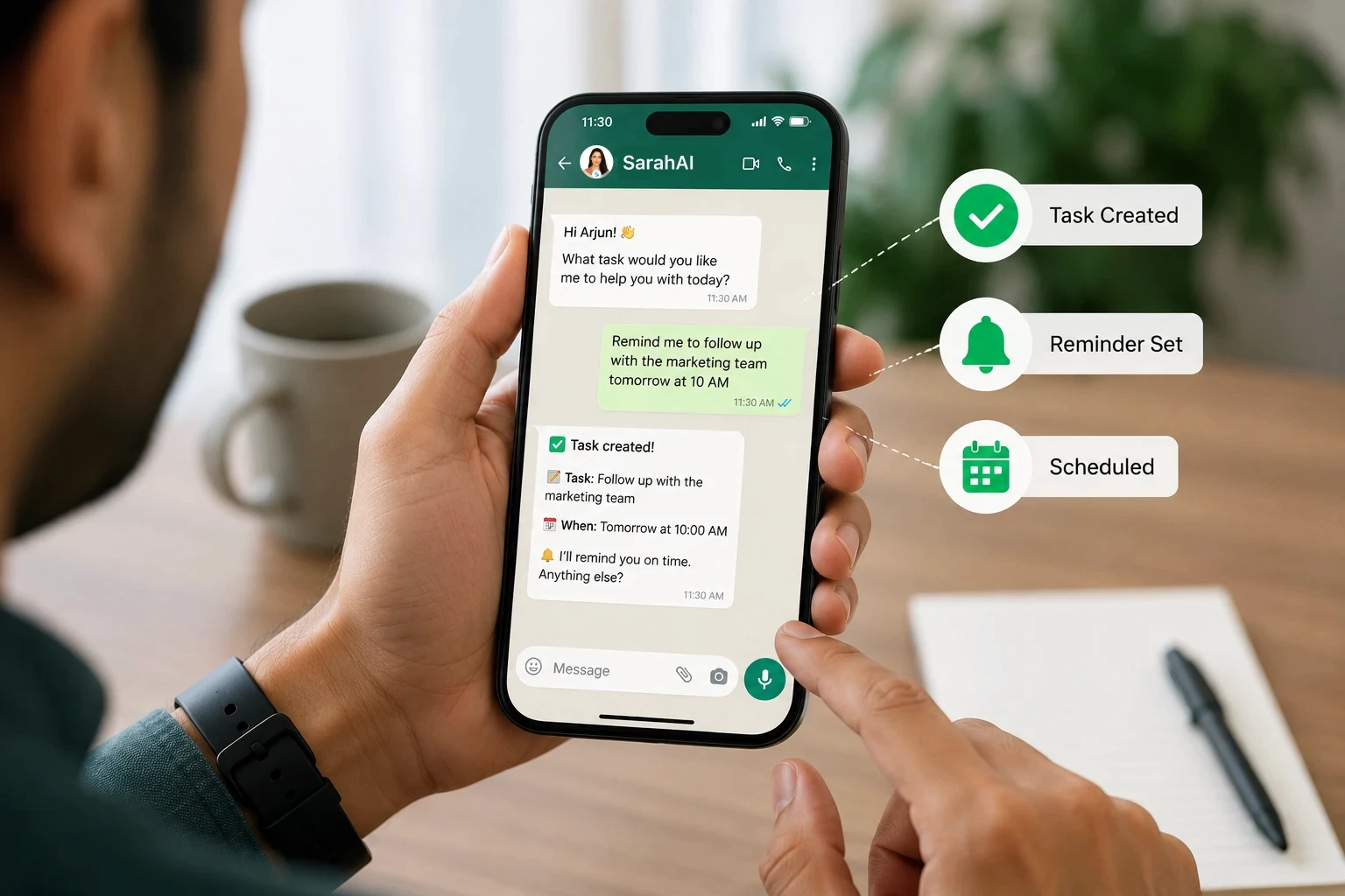Person managing tasks and reminders directly inside WhatsApp without a separate task management app