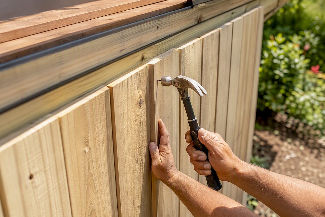 Hands installing vertical board and batten skirting