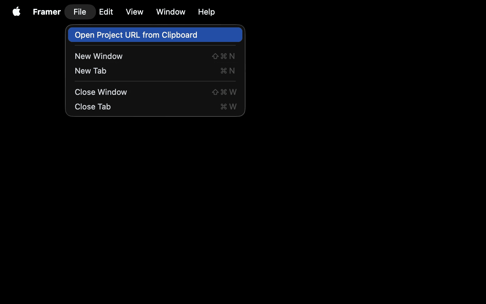 Framer desktop app on Mac showing the File menu with “Open Project URL from Clipboard” highlighted.