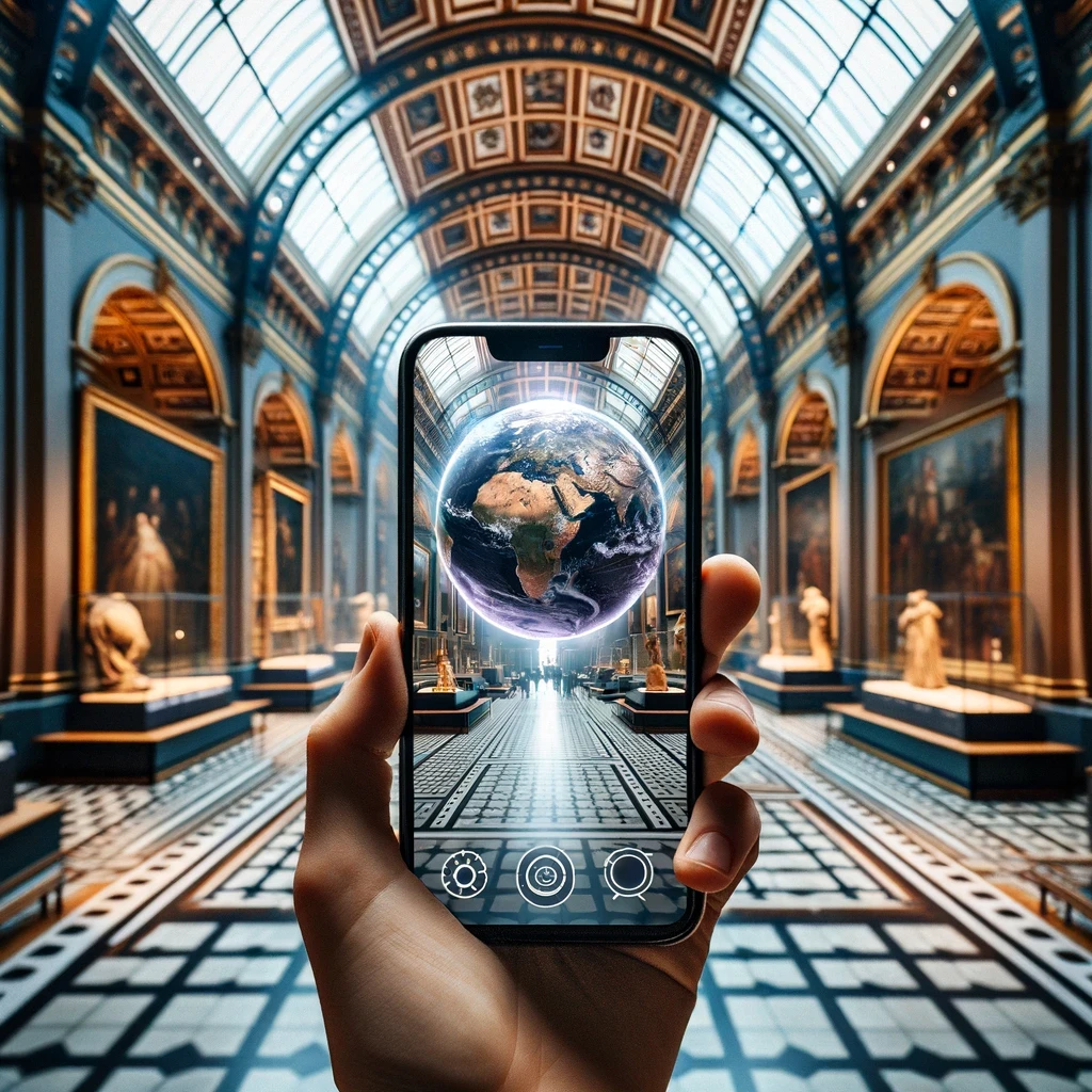 A museum seen through a phone screen with a digital model of the world on screen