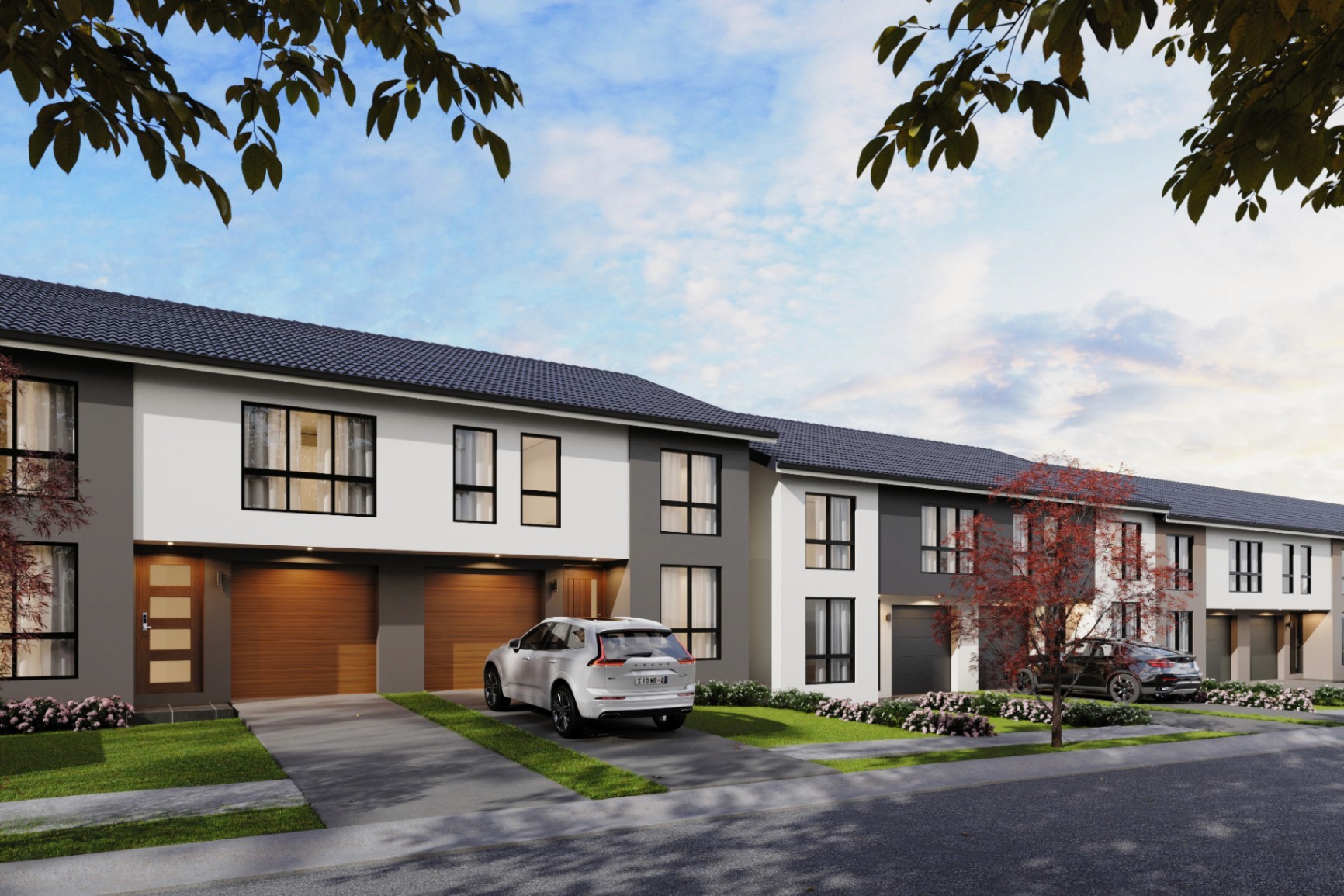Modern duplex townhouses in Marsden Park with contemporary design, garage parking, and landscaped front yards, available with $10K deposit via Coposit