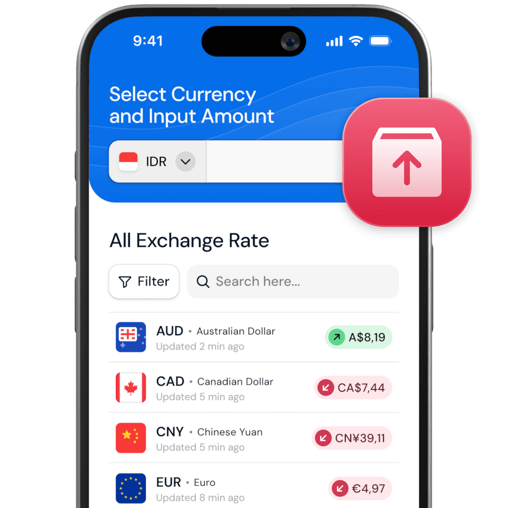 Screenshot of Currency Excange Rate App with a red upgrade icon displayed in a big size