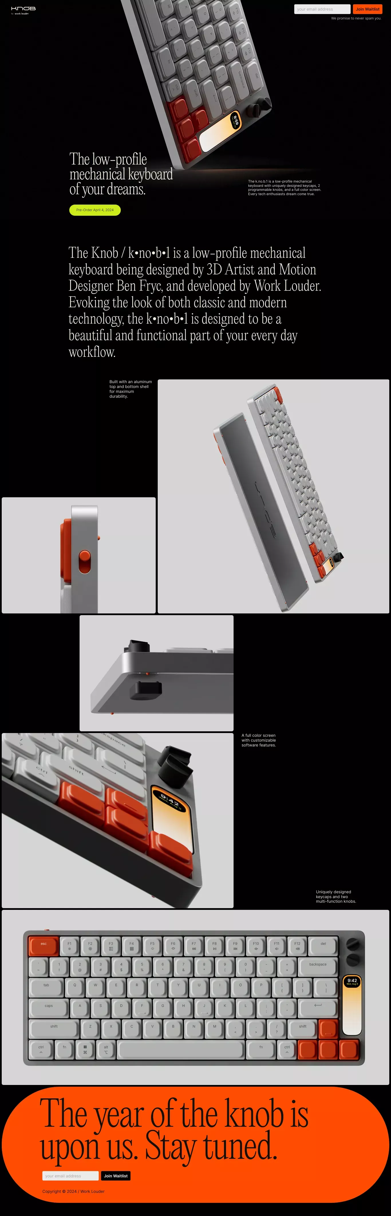 KNOB / k.no.b.1 / Low Profile Mechanical landing page screenshot showcasing Tech design