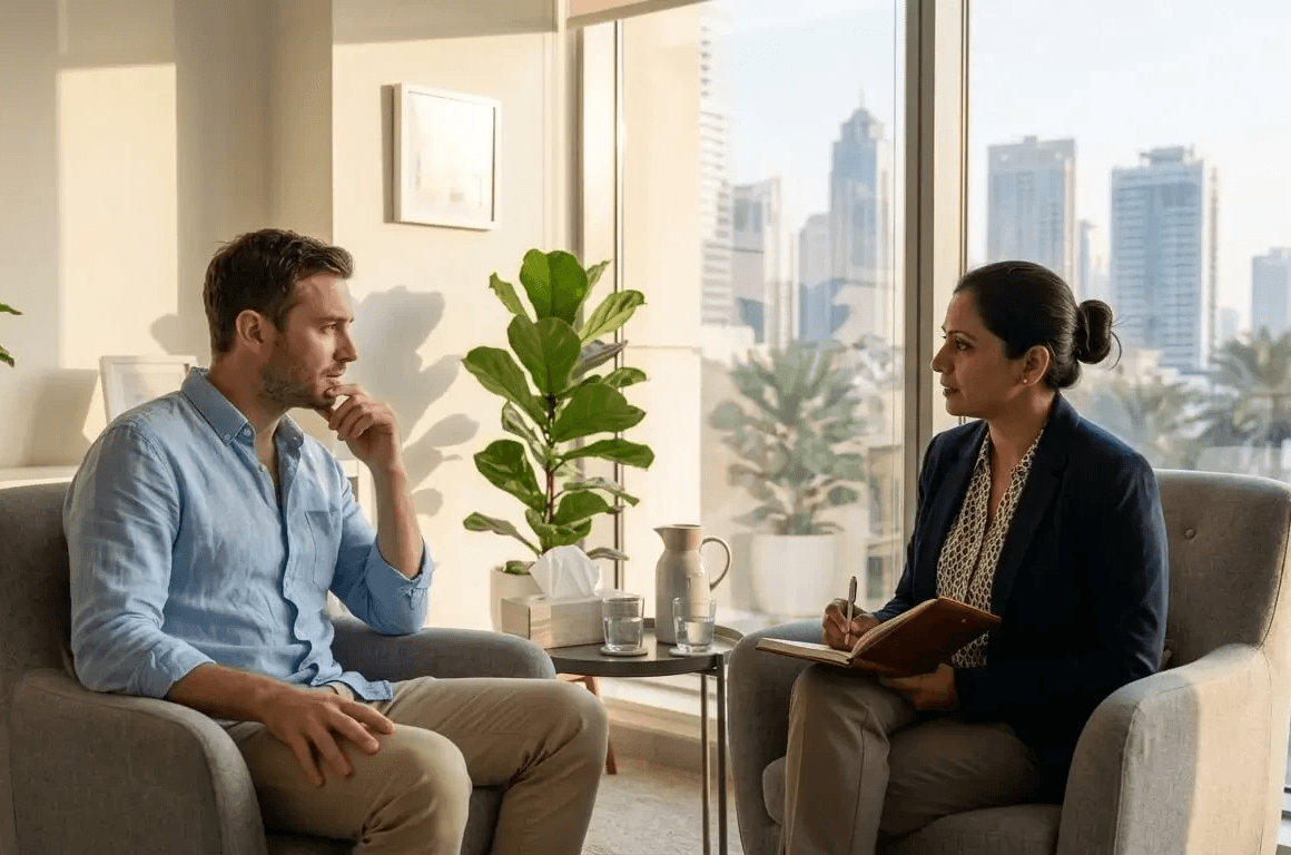 Two women are meditating in a serene room. One is seated, eyes closed in meditation, while the other gently rings a singing bowl. A plant is in the background.