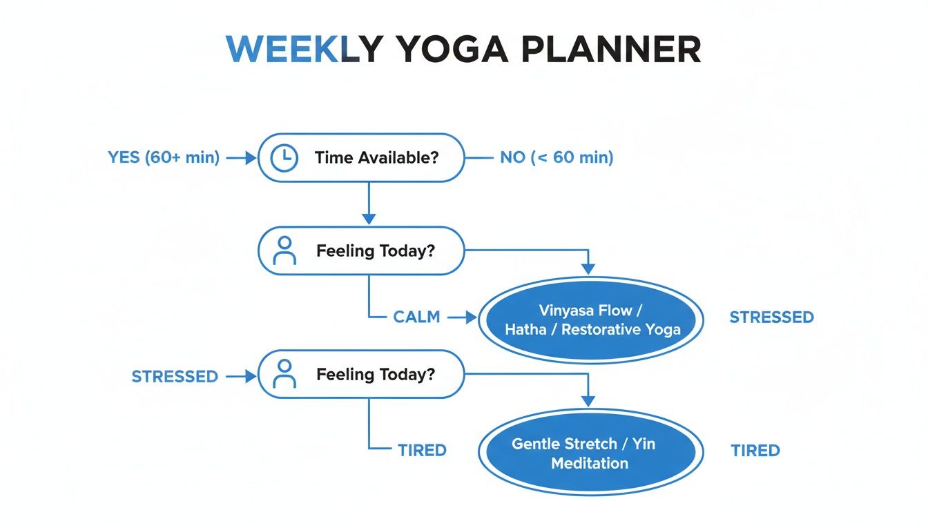 A weekly yoga planner flowchart suggesting yoga practices based on time available and current feeling.