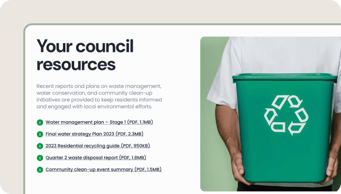 A council resources section showing clear document links and a person holding a green recycling bin.