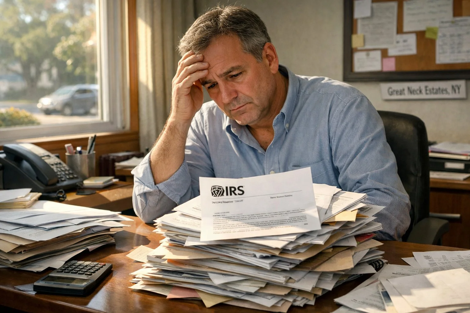 Small business owner in Great Neck Estates NY stressed over IRS audit process letter and documents