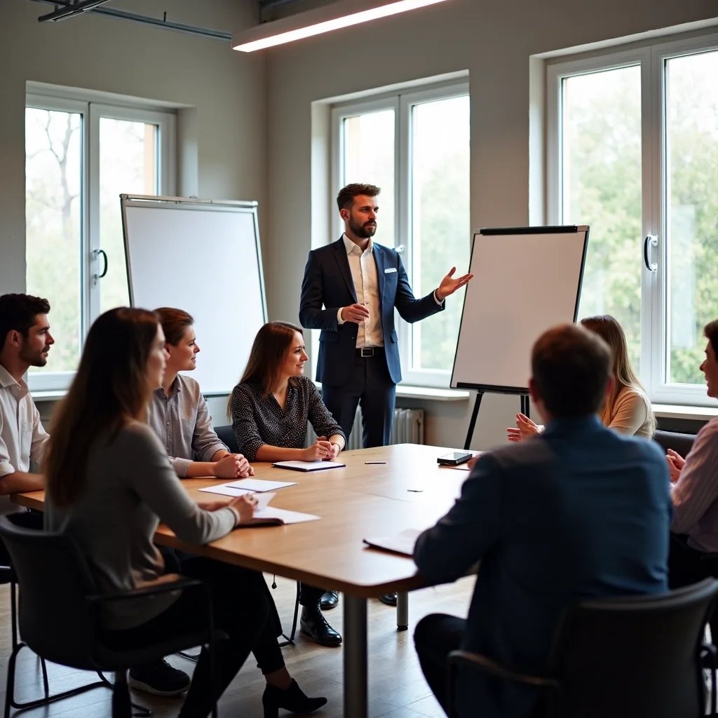 Formateur debout devant un petit groupe attentif