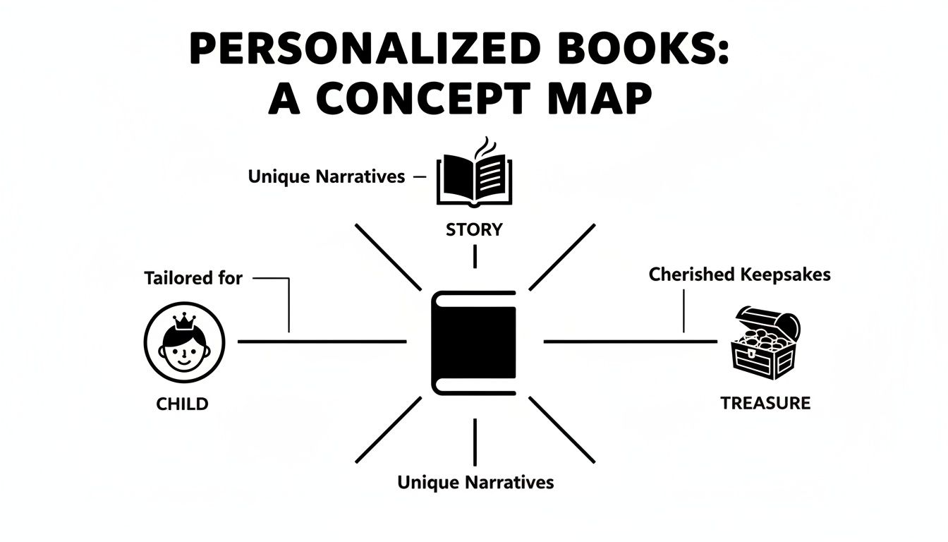 A concept map visually explaining personalized books as unique narratives tailored for children and becoming cherished keepsakes.