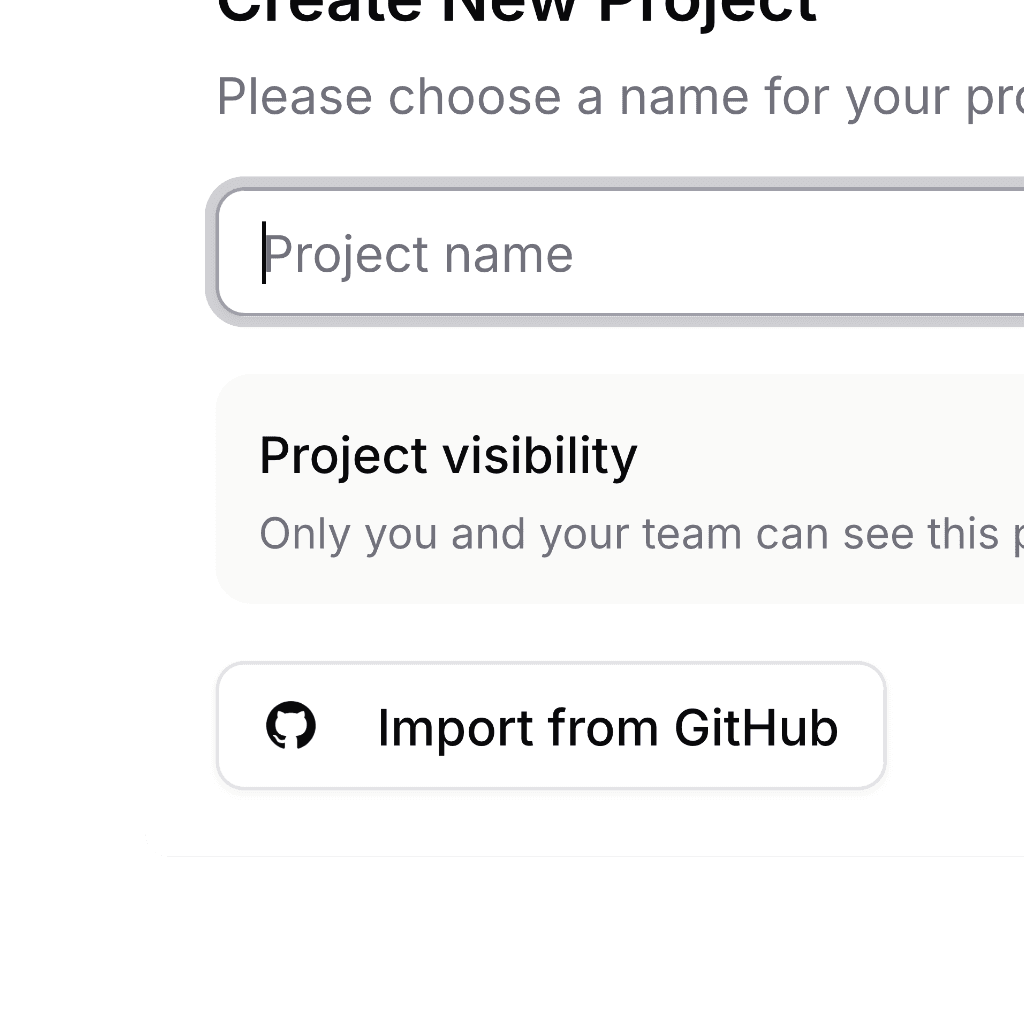 Create New Project dialog with a project name input field, project visibility setting indicating private team access, and an Import from GitHub button