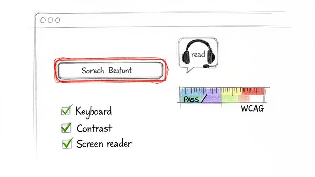 Hand-drawn UI sketch highlighting accessibility features: keyboard, contrast, screen reader checks, and WCAG pass.