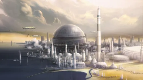 The city of Lothal with many tall white towers a nd a single gray dome