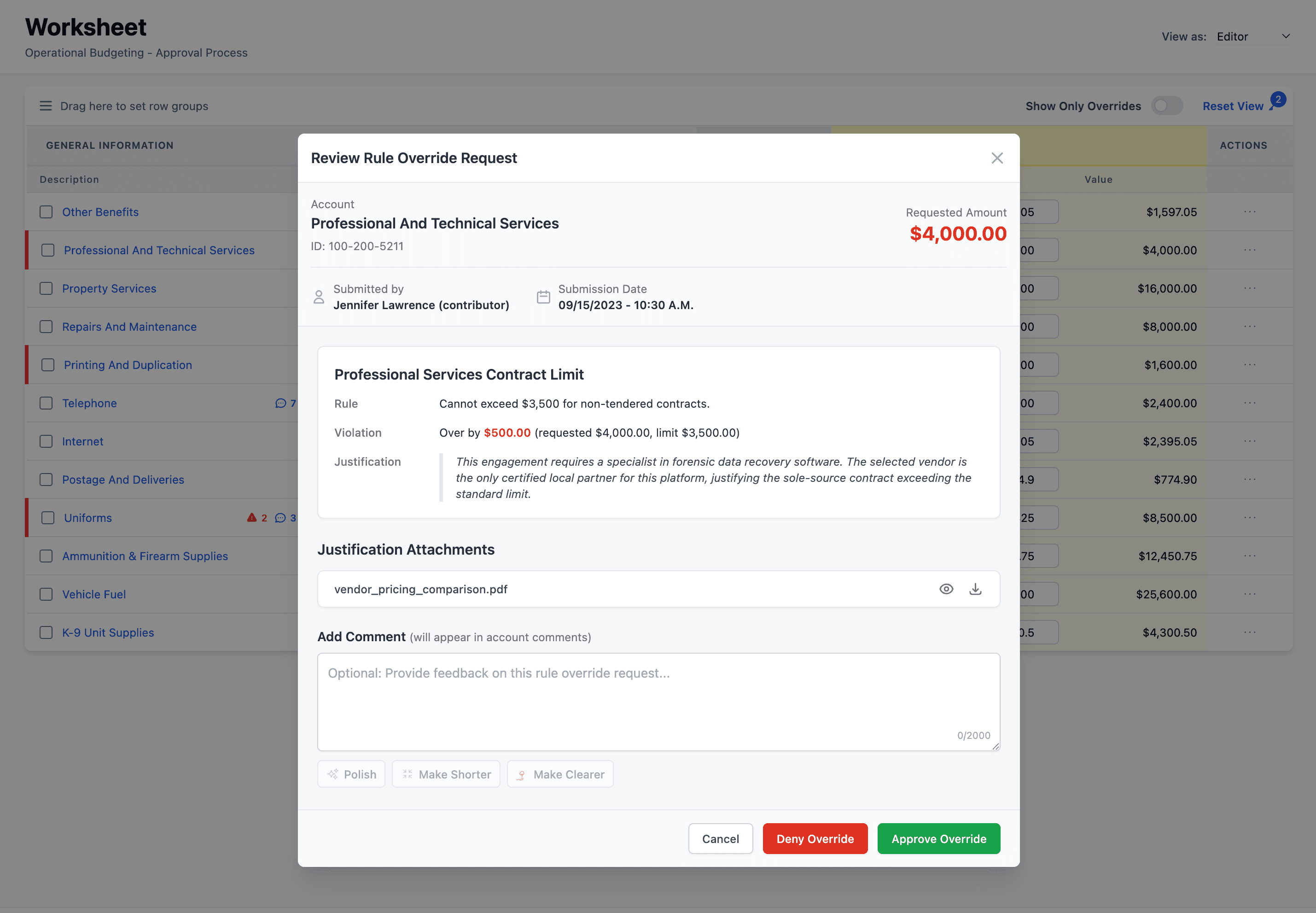 Operational budgeting screenshot from Google AI Studio