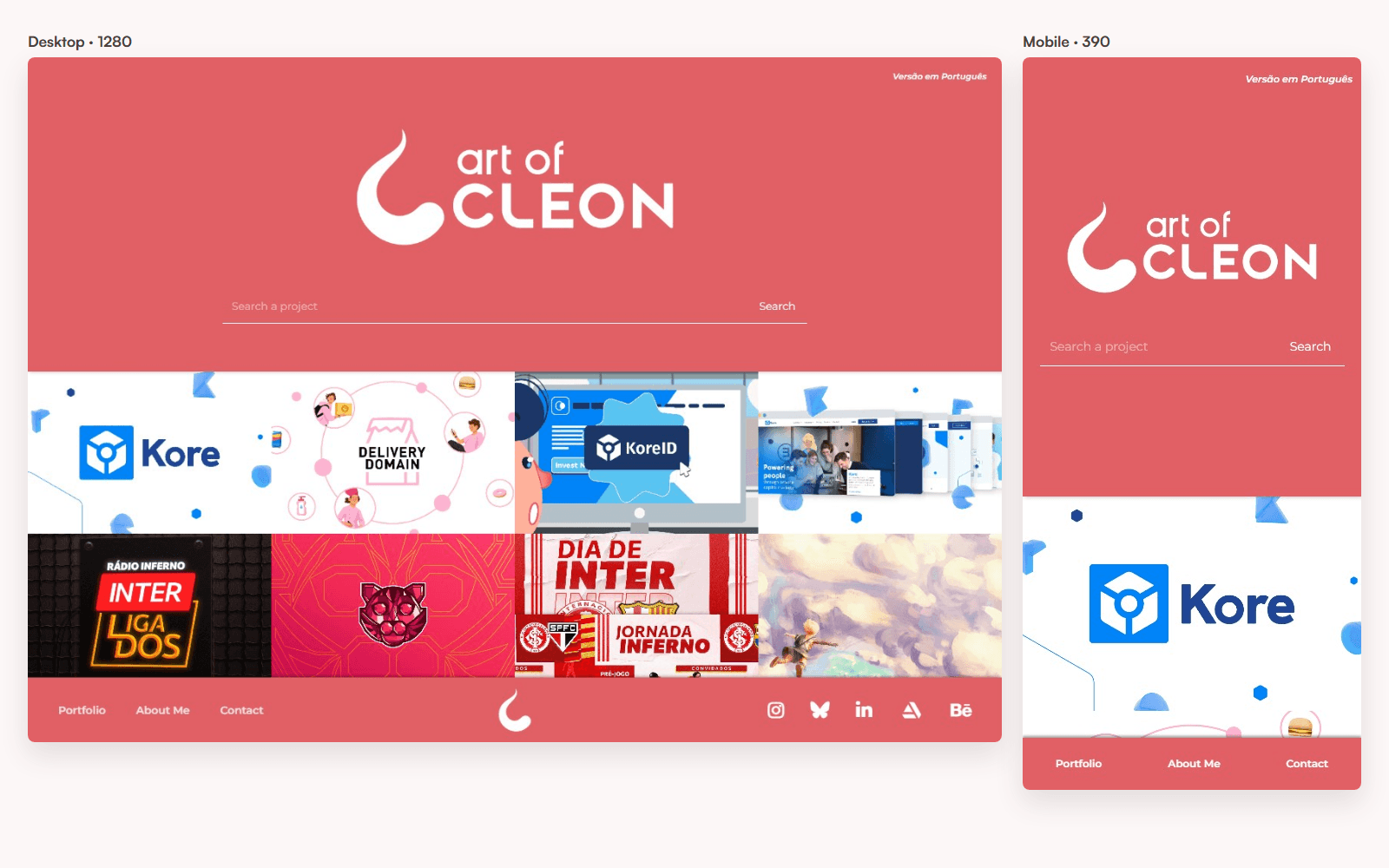 The previous art of Cleon homepage on desktop and mobile, with its navigation positioned at the bottom of each viewport.
