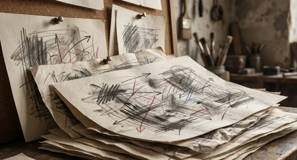 A pile of marked-up sketch proofs on a desk