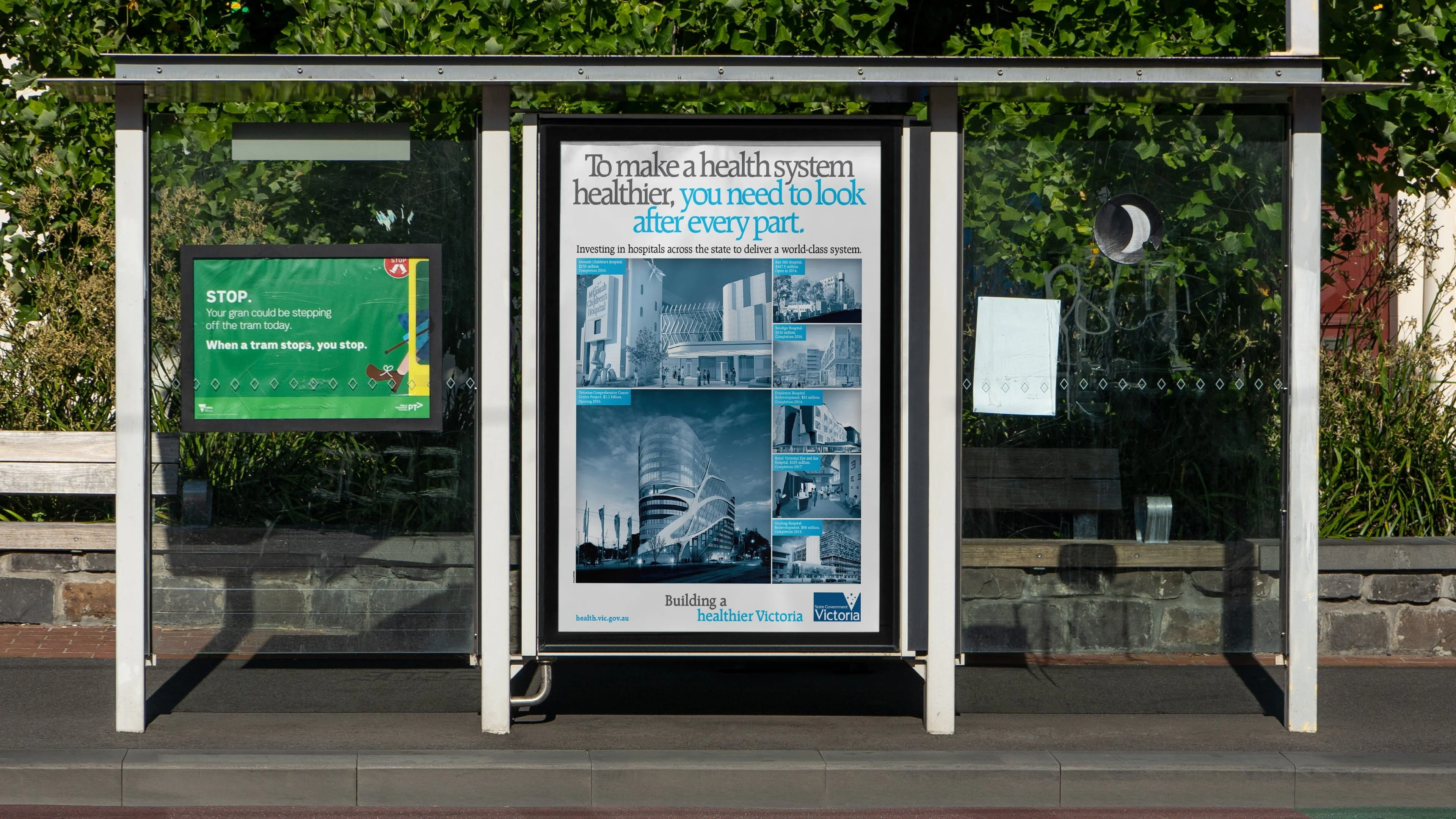Bus shelter poster for Building a Healthier Victoria: 'you need to look after every part' with new hospital buildings