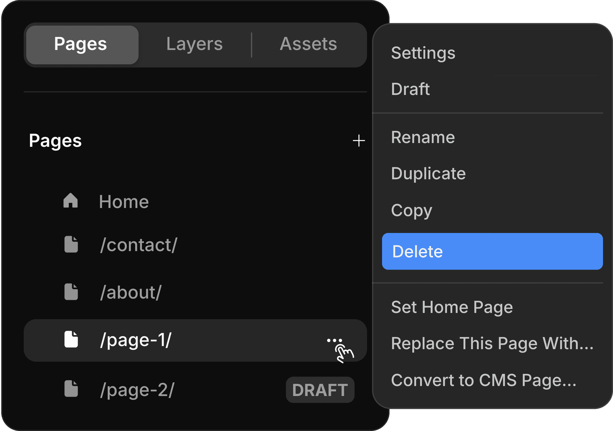 An UI representation of how to remove a page in framer