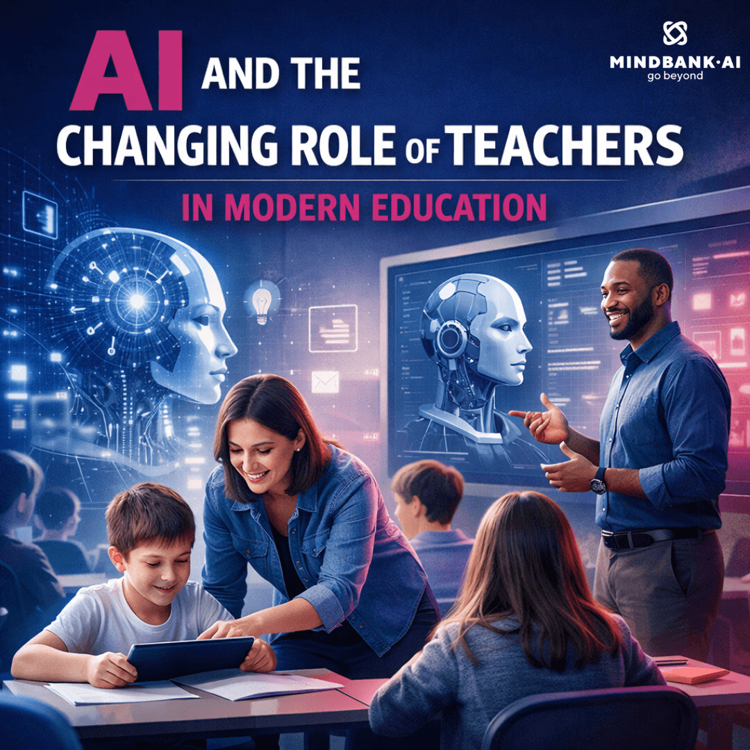 AI assistant supporting teachers in a digital classroom with students using personalized learning tools, showing AI-driven education, behavioral insights, and modern teaching transformation