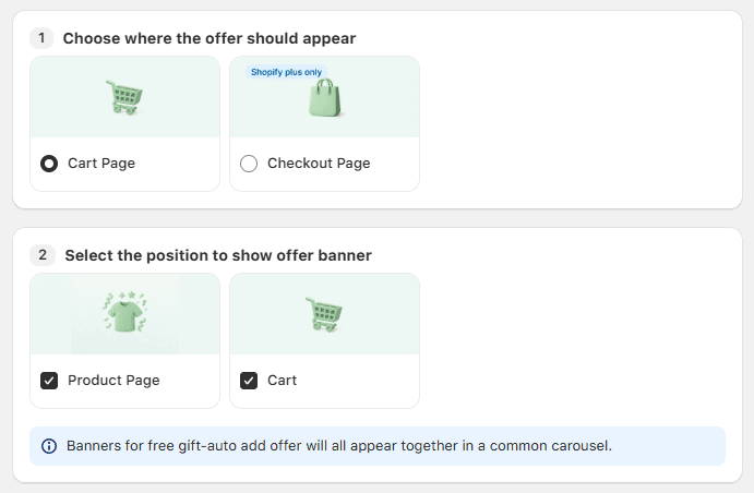 Display placement options for BXGY using Monk Free Gift on Shopify