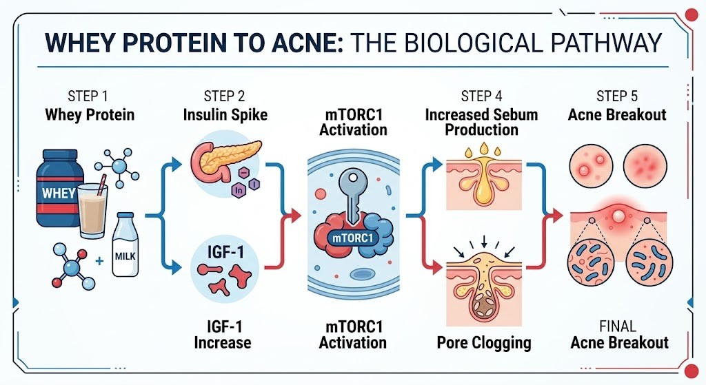 A medical infographic illustrating the biological pathway from whey protein consumption to acne, showing steps involving Insulin spike, IGF-1 increase, mTORC1 activation, and increased sebum production and pore clogging.