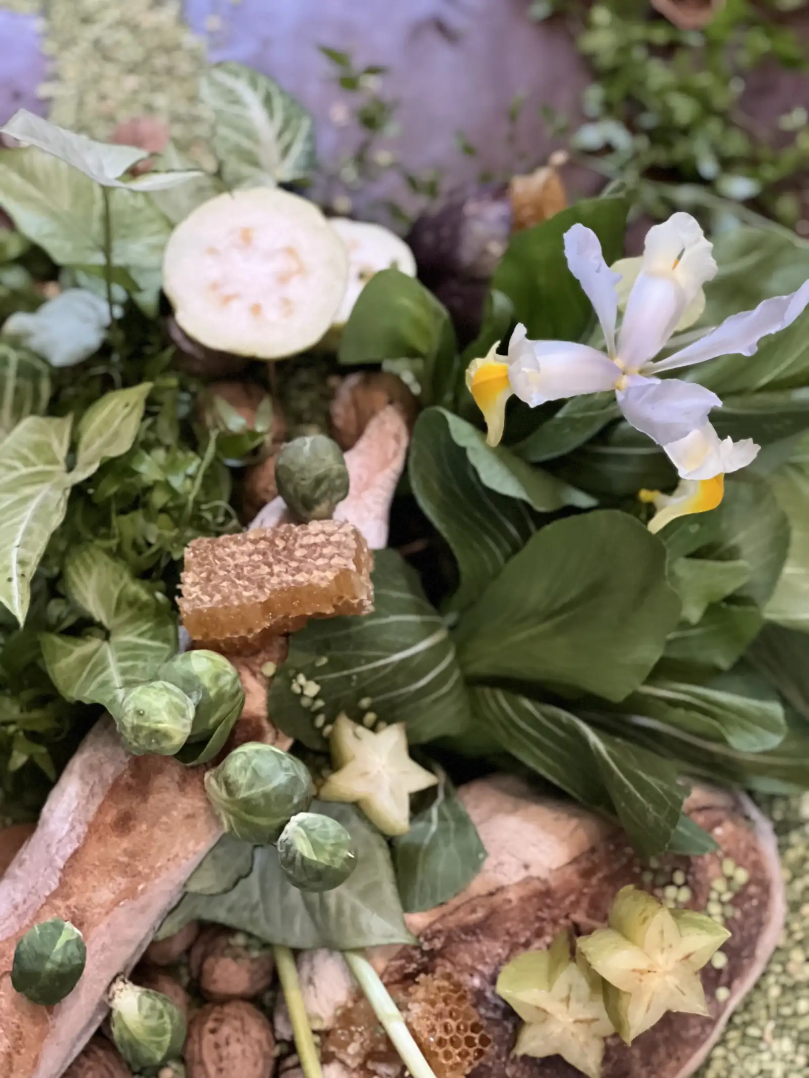 Centro de mesa artístico con flores, pan artesanal, miel y vegetales frescos dispuesto sobre hojas verdes.