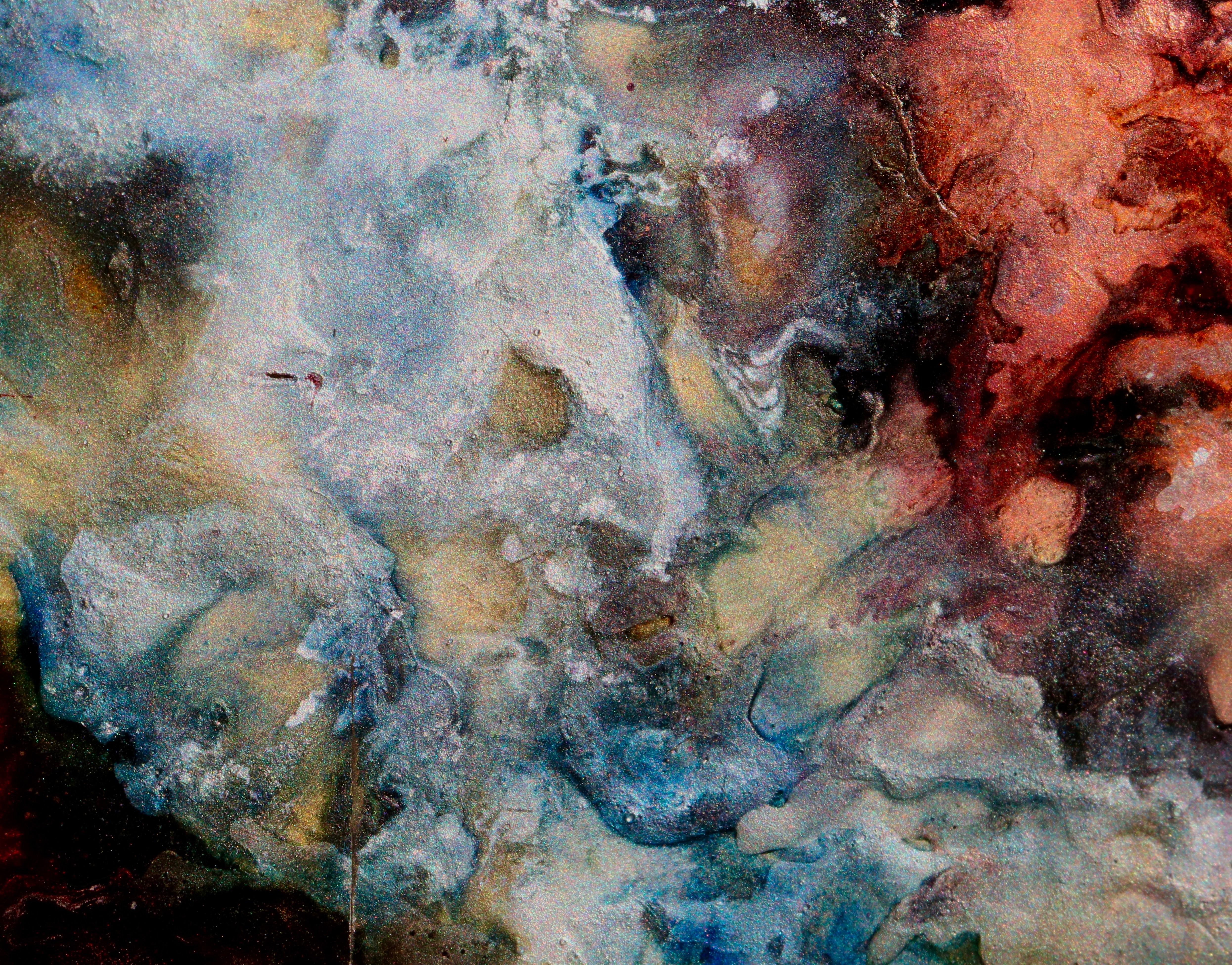 A detailed painting of mountains, a river, and a stag in a dramatic natural scene