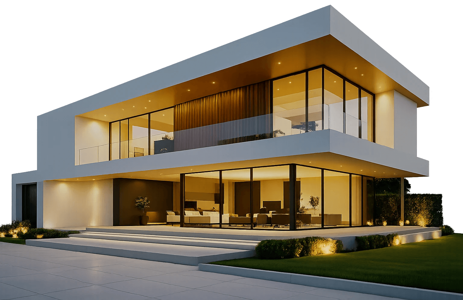Villa moderna de obra nueva iluminada al atardecer, ejemplo de las propiedades de alto standing que comercializa ISG Promotions en la Costa Dorada