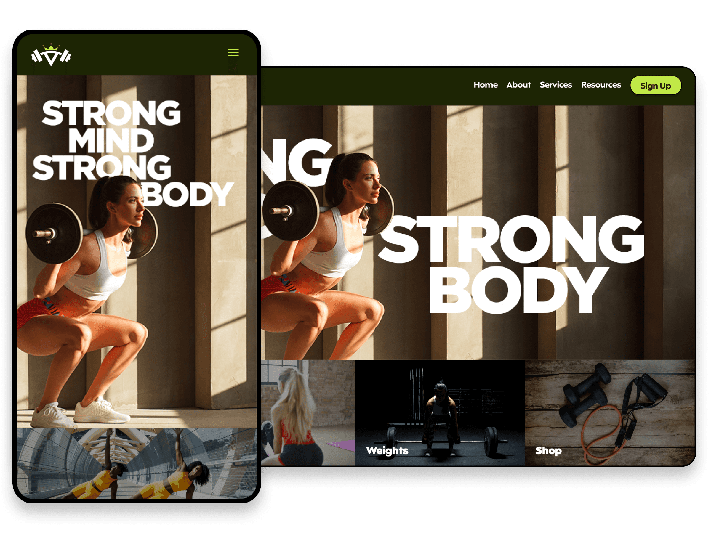 A mobile and desktop view of a responsive fitness website