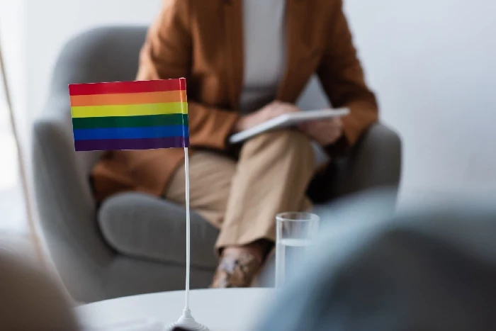 A imagem mostra uma pequena bandeira do arco-íris, símbolo da comunidade LGBTQIA+, em destaque sobre uma mesa. Ao fundo, desfocada, há uma pessoa sentada em uma poltrona, segurando um caderno, o que sugere um ambiente de consulta ou reunião. A pessoa está vestida com uma roupa marrom e parece estar envolvida em uma conversa ou discussão, possivelmente em um contexto de apoio, orientação ou terapia. A bandeira simboliza inclusão e apoio à comunidade LGBTQIA+, sugerindo que o espaço retratado é seguro e acolhedor para a diversidade.