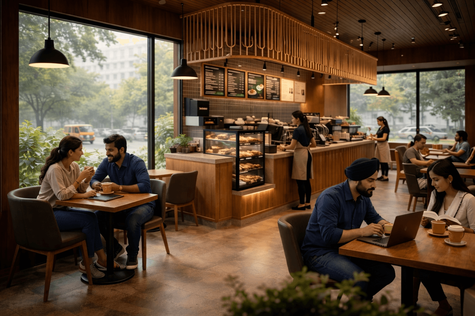 Busy modern café interior with customers seated at tables, large windows, warm wood finishes, and baristas working behind the counter.